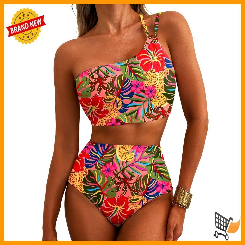 One Shoulder High Waisted Bikini Set Floral Print Tummy Control Retro Chic